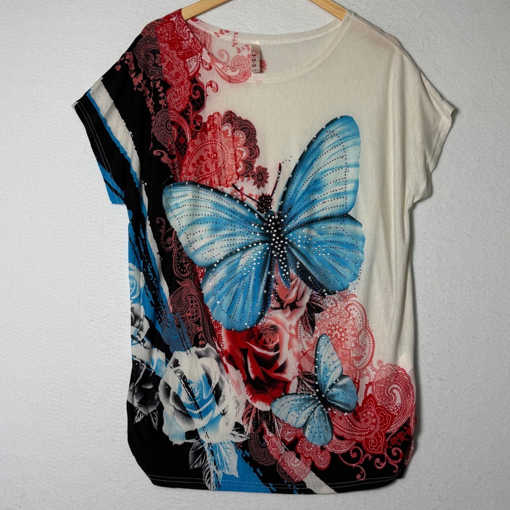 Whimsical Butterfly Rhinestone Top Red Blue Floral Graphic Tee Y2K Fairycore